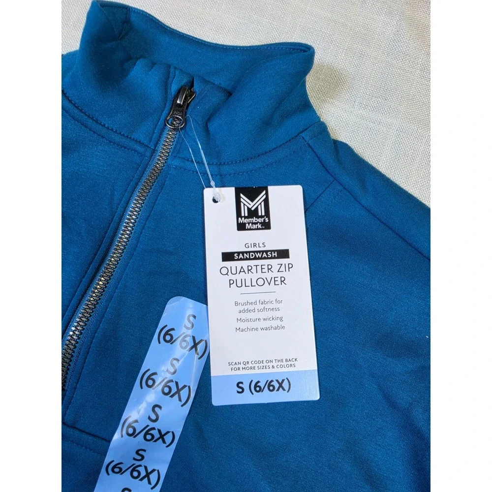 Members Mark Girls Sandwash Quarter Zip Pullover Turquoise Blue S 6 6X NWT